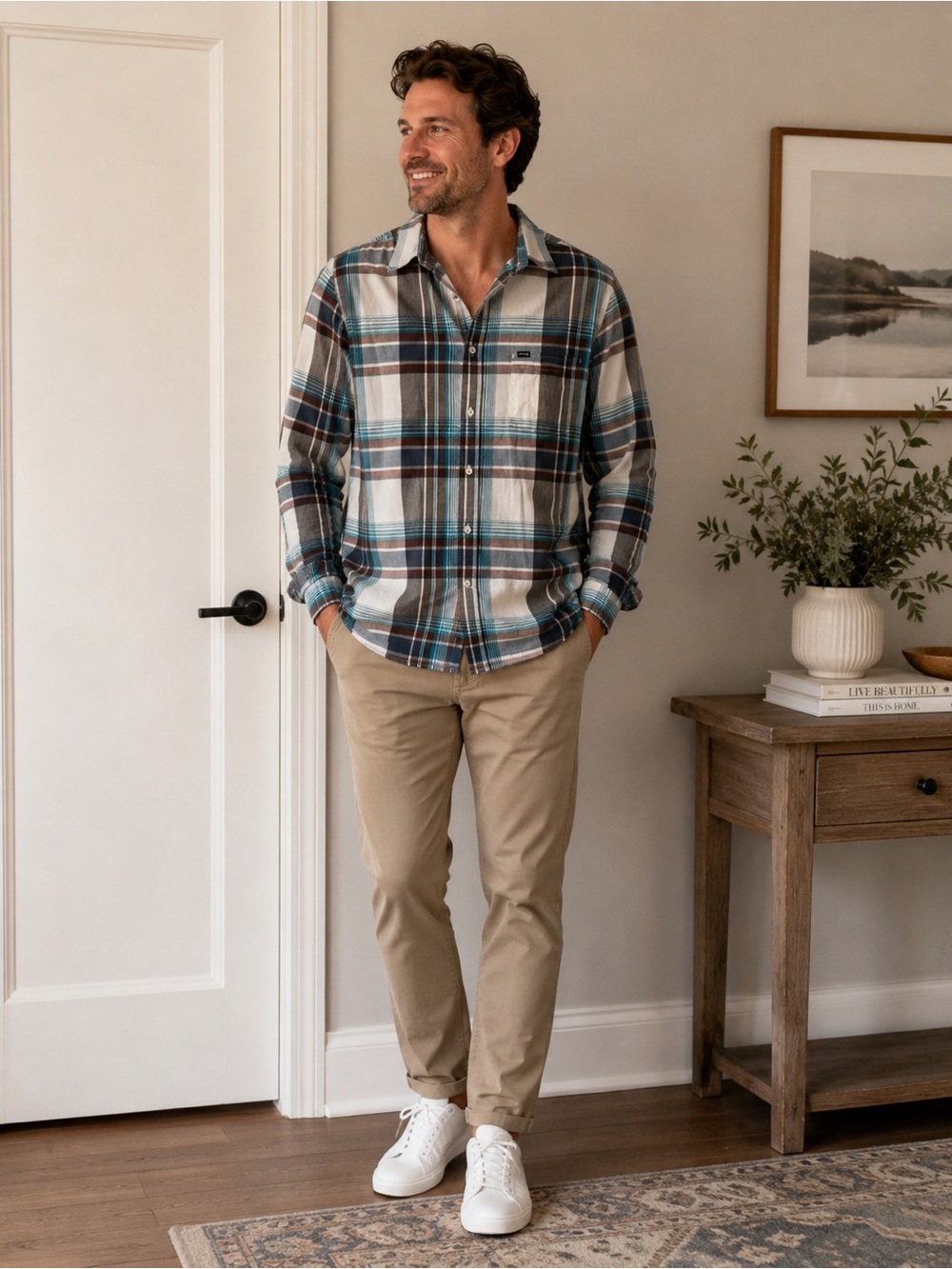 Hurley Men’s Teal, Brown and White Plaid Button-Down Shirt